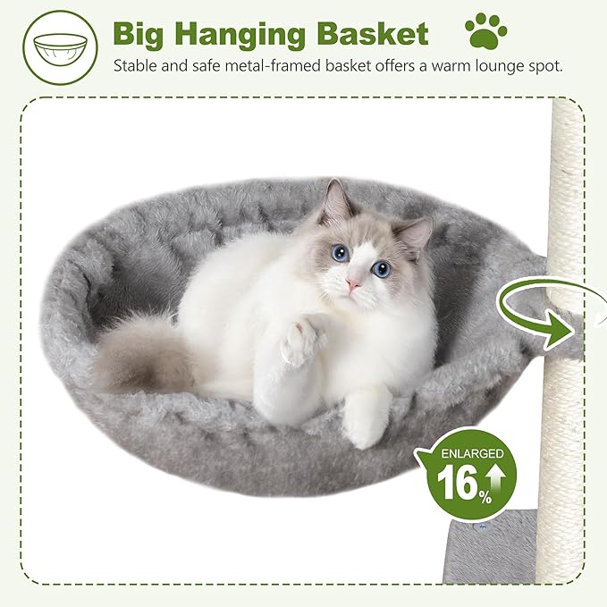 Small Cat Tree Tower for Indoor Cats, 40 In Medium Multi-Level Compact Cat House Bed with 2 Condo, Large Platform Perch, Sisal Scratching Post, Hammock, Cat Climbing Stand for Kitty kitten(Light Grey)