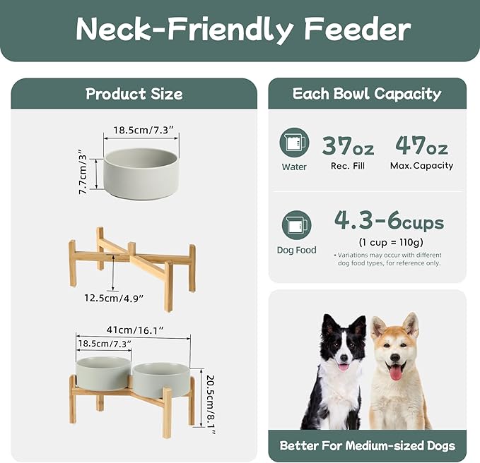 Ceramic Raised Double Bowls Set with Stand, Food & Water Bowls for Medium Breed Dogs, Weighted Dog Dishes, Pet Bowl(7.3'',41OZ, Grey)