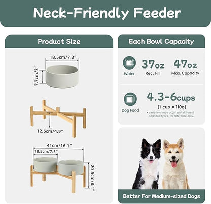Ceramic Raised Double Bowls Set with Stand, Food & Water Bowls for Medium Breed Dogs, Weighted Dog Dishes, Pet Bowl(7.3'',41OZ, Grey)