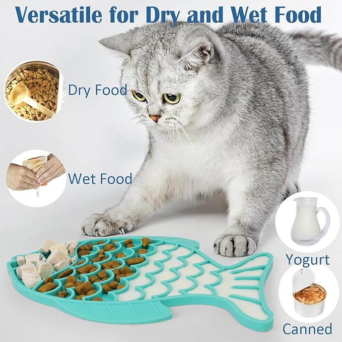 Takfox Slow Feeder Cat Bowls [2 Pack], Lick Mat for Cats Dogs, Silicone Cat Puzzle Feeders Toy for Pets Dry/Wet Food Training, Keeps Dogs Cats Busy, Prevents Puppy Kitty Overeating, (Cyan+Grey)