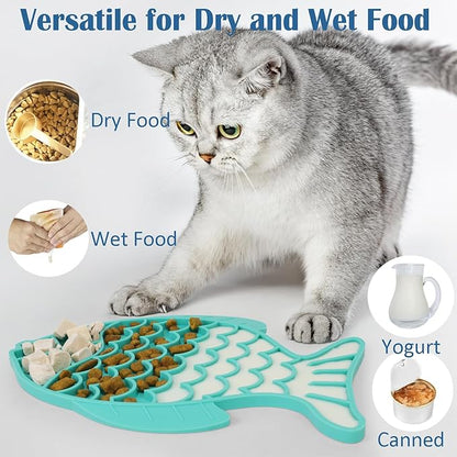 Takfox Slow Feeder Cat Bowls [2 Pack], Lick Mat for Cats Dogs, Silicone Cat Puzzle Feeders Toy for Pets Dry/Wet Food Training, Keeps Dogs Cats Busy, Prevents Puppy Kitty Overeating, (Cyan+Grey)