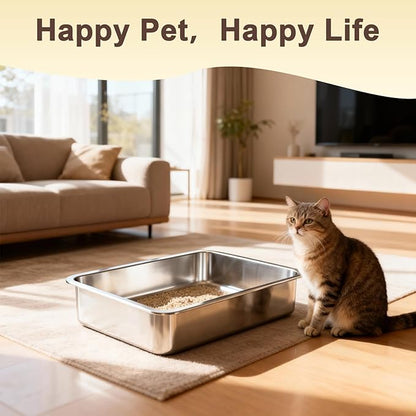 Low Entry Stainless Steel Litter Box for Kitten, Small Shallow Metal Litter Pan Tray for Rabbits Hamsters, Easy to Clean Pet Bathroom Accessories-15.75''Lx 11.81'' W x4'' H
