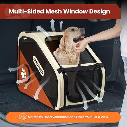 Collapsible Dog Crate for Travel, Portable Pet Crate for Small & Large Dogs, Soft-Sided Car Kennel with Heavy-Duty Metal Frame, Mesh Windows, Feeding/Comfort Access for Backseat Trunk Brown