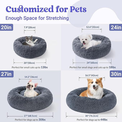 rabbitgoo Dog Bed for Small, 24 inches Machine Washable, Fluffy Donut Pet Bed Anti-Slip, Calming Soft Plush Round Cushion, Fits up to 18 lbs Pets, Dark Grey