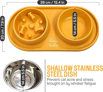 Pets Anti-Skid Dog Bowl Set - Removable Double Slow Feeder With Non-Skid Silicone Mat - Stainless Steel Water Bowl for Cats & Pets (Yellow)