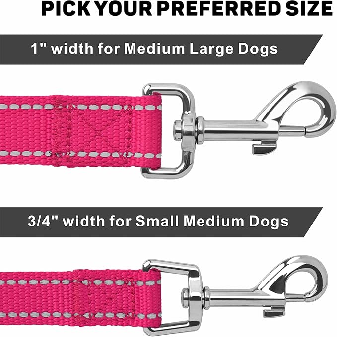 Reflective Dog Leash 6ft Soft Padded Handle Nylon Lead for Small & Medium Dogs, Durable Walking Training Leash for Night Safety (Hotpink,3/4Inch Wide)