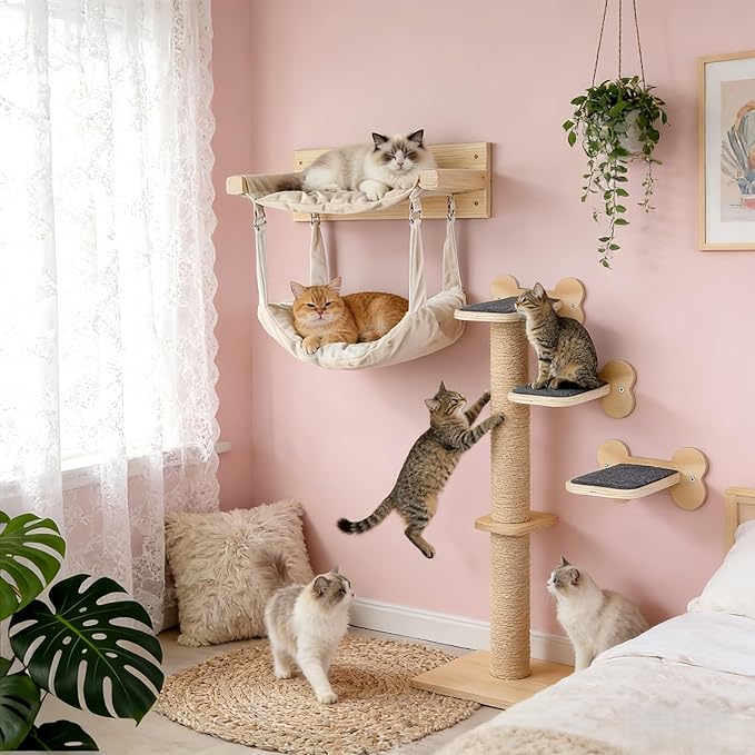 Wall Mounted Cat Double Hammock & 3 Steps, Pine Climbing Shelf & Perch Set, Multi-Function Wall-Mounted Cat Furniture for Sleep Play Climb, Easy DIY Installation
