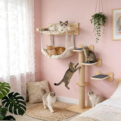 Wall Mounted Cat Double Hammock & 3 Steps, Pine Climbing Shelf & Perch Set, Multi-Function Wall-Mounted Cat Furniture for Sleep Play Climb, Easy DIY Installation