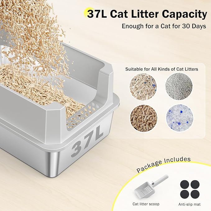 Stainless Steel Litter Box, Extra Large Litter Boxes for Big Cats, XLarge Metal Cat Litter Box with Lid, Anti-Urine Leakage XL Box with High Sides, Easy Clean, Non-Sticky, Scoop Included