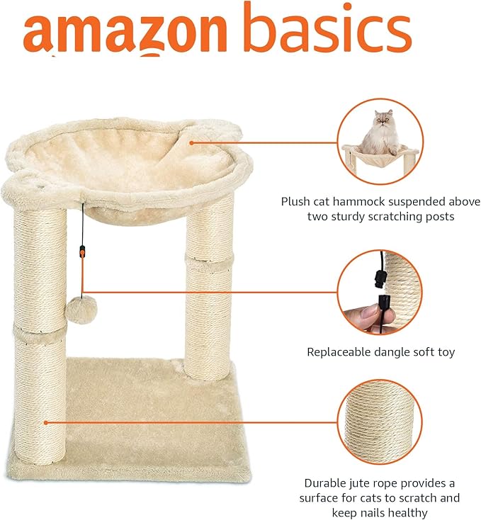 Amazon Basics Cat Tower with Hammock Bed and Scratching Post for Indoor Cats, Easy to Assemble, Interactive Hanging Ball, 15.8" x 15.8" x 19.7", Beige