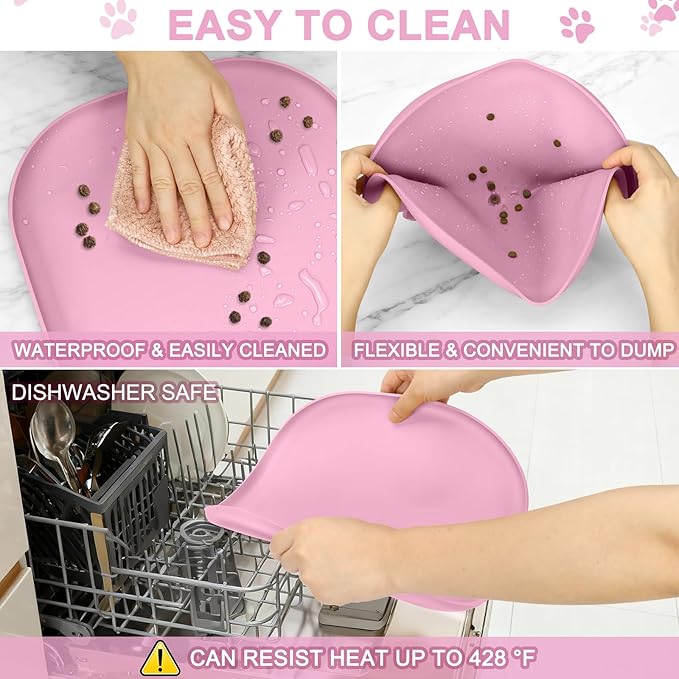 Small Silicone Pet Food Mat with Raised Edge for Food and Water Bowl, Square Dog Feeding Mats, Cat Food Trays for Floor Waterproof, Rubber Tray for Dogs and Cats, 12 x 12 x 0.7 Pink