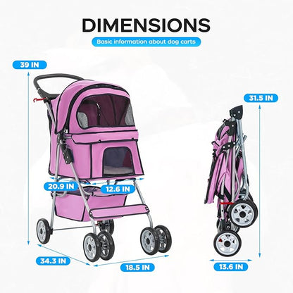 BestOffice Pet Stroller for Small Medium Dogs & Cats, 4-Wheel Foldable Dog Stroller with Cup Holder, Lightweight Travel Carrier, Waterproof Design for Outdoor Walks, Pink