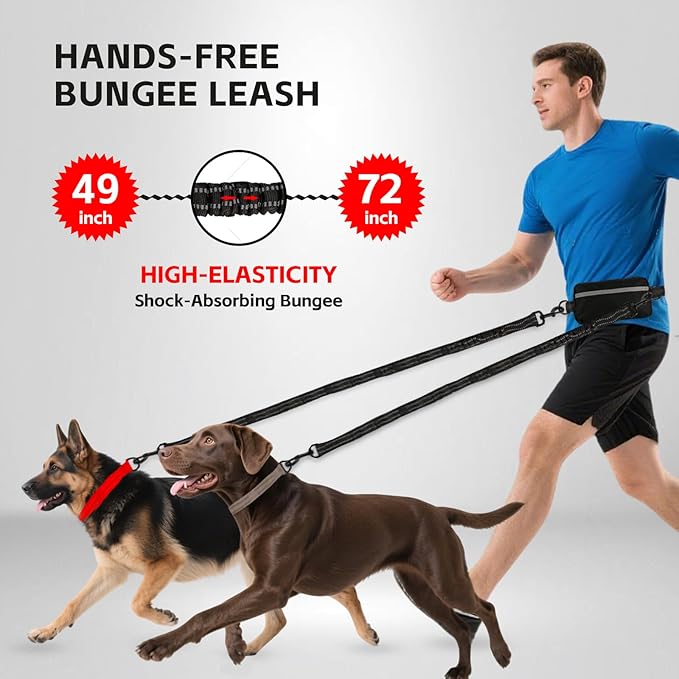 Hands Free Dog Leash for 2 Dogs with Waist Belt & Large Pouch, Waist Leash for Dog Walking, Running & Hiking, Double Retractable Dog Leashes for Medium/Large Dogs with Dual Handles, Black