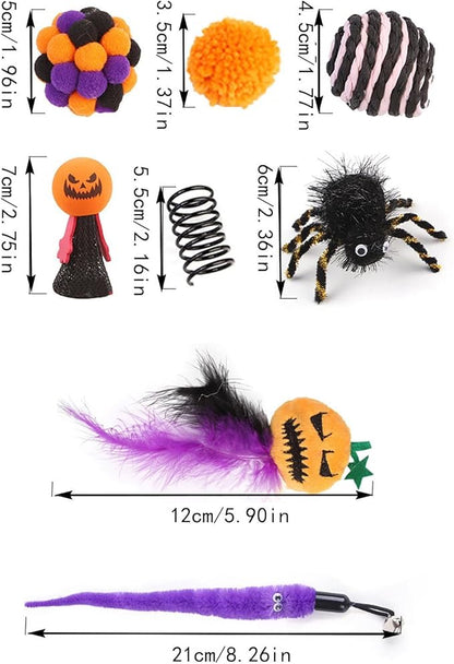 Halloween Cat Tunnel with Toys Set, Gothic Interactive Kitten Toy for Indoor Cats Kitty, Kitten Tube Tent, Feather Wand Teaser Bell Fuzzy Ball Springs Mouse for Small Animals (A, 23.3X15X112.3CM)