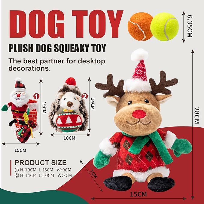 Christmas Dog Toy Set, 5 Pack Plush & Balls with Gift Bag – Reindeer, Santa, Hedgehog & Tennis Balls, Squeaky Durable Toys for Small Medium Dogs, Holiday Pet Gift Bundle