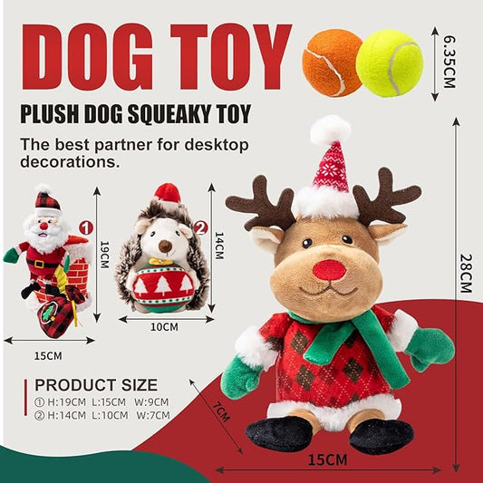 Christmas Dog Toy Set, 5 Pack Plush & Balls with Gift Bag – Reindeer, Santa, Hedgehog & Tennis Balls, Squeaky Durable Toys for Small Medium Dogs, Holiday Pet Gift Bundle