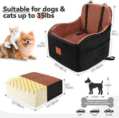Dog Car Seats for Small/Medium Dogs, Memory Foam Dog Booster Seat for Dogs up to 35 lbs, Travel Safety Pet Car Seat with Washable Removable Cover and Storage Pockets (Black/Brown, Medium)