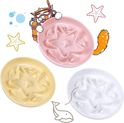 3 Pcs Cat Slow Feeder Bowl – Whisker Friendly Melamine Puzzle Feeding Cat Bowl for Slow Eating – Wet & Dry Food – Dishwasher Safe, Lightweight, Non-Slip (Buttercream + Coral Pink + Shell White, 6.3'')