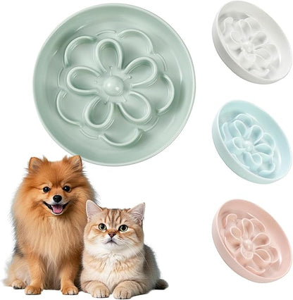 Melamine Cat Slow Feeder Bowl - Floral Maze Cat Food Dish - Flat Plate for Dry & Wet Food - Cute Kitten Bowl - Dishwasher Safe - 6.3'' W x 1'' H - 5.5 oz (160g) - Green