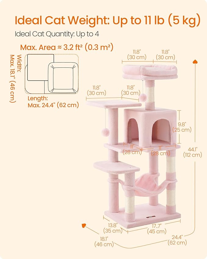 Feandrea Cat Tree, 44.1-Inch Cat Tower, Plush Multi-Level Condo with 4 Scratching Posts, 2 Perches, Hammock, Cave, Jelly Pink UPCT261P01