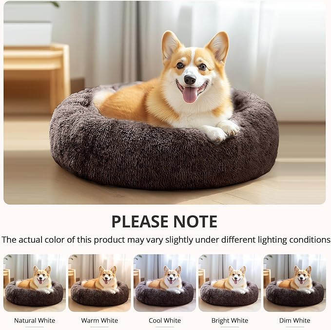 JOLLYVOGUE Calming Dog Bed Medium Size Dog, 31in Donut Washable Medium Pet Bed, Anti-Slip & Anti-Anxiety Fluffy Faux Fur Round Dogs Bed, Fits up to 45 lbs Pets (Chocolate)