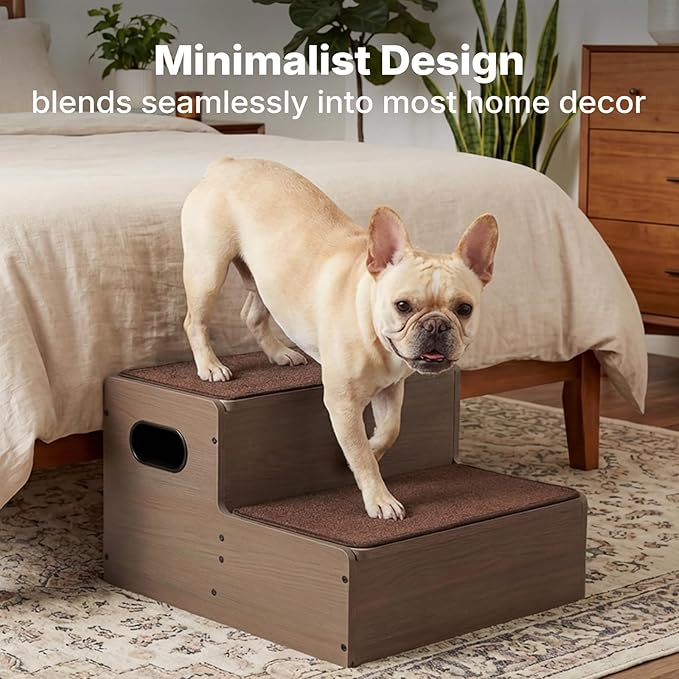 Veehoo Wooden Dog Steps for Bed Couch with Storage 18"H 20"W, 2 Step Pet Stairs for Dogs to Get on Bed with Non Slip Rug, Jiont Friendly Pet Cat Stairs Puppy Doggy Ramp Ladder for Small to Large Dogs