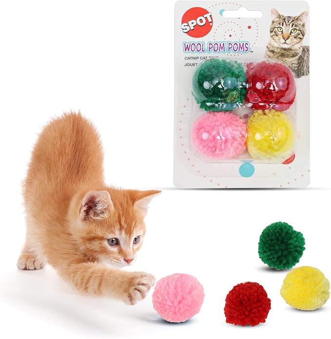 SPOT Wool Pom Poms Cat Toy - Interactive Wool Balls Cat Toy with Catnip for Cats and Kittens to Bite, Swat and Chase - 1.5 inch, 4 pcs