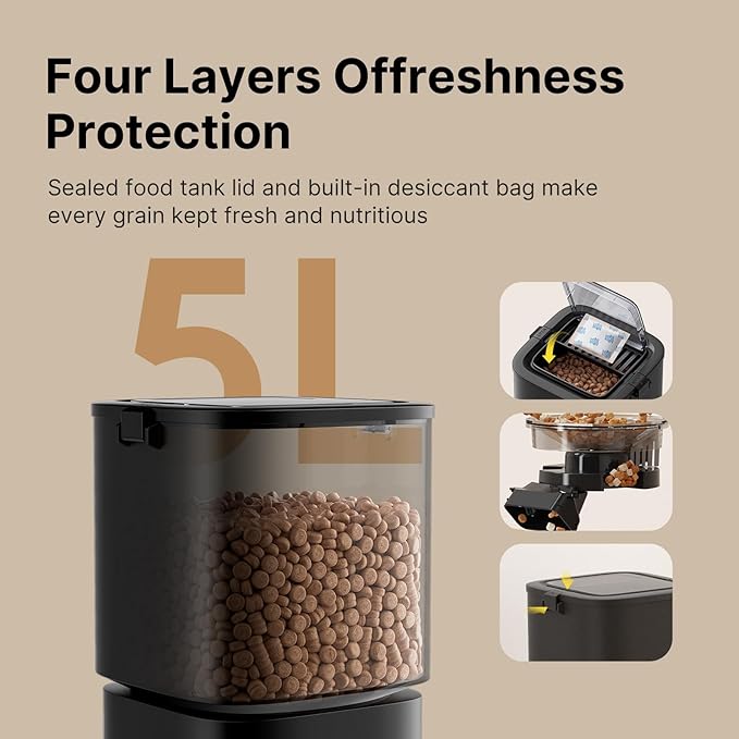 Automatic Cat Feeder 5G WiFi, Automatic Pet Feeder with APP Remote Control, 5L Cat Dry Food Dispenser Dual Power,10 Meals Programmable 1-15 Portion Control Auto Dog Feeders for Cats,Puppy