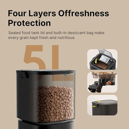 Automatic Cat Feeder 5G WiFi, Automatic Pet Feeder with APP Remote Control, 5L Cat Dry Food Dispenser Dual Power,10 Meals Programmable 1-15 Portion Control Auto Dog Feeders for Cats,Puppy
