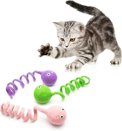 Glaciart One Felt Spring Cat Toy – 3 Pcs Soft Fuzzy Enrichment 100% Natural Wool - Interactive Stretchable Play Set - Safe for Pets, Non-AZO Colored Dyes - 4” Long