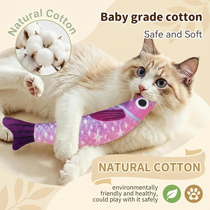 Cat Toys for Indoor Cats with 5000mg Natural Catnip Interactive Kicker Fish Toy of Crinkle Bell Sound Adult Cat Kittens Teeth Cleaning Easter Gifts Yellow Purple