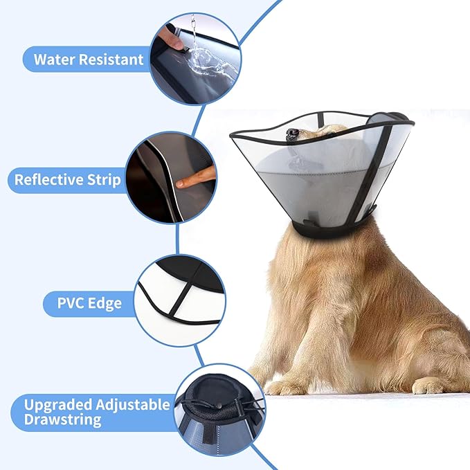 Soft Dog Cone Collar for Dogs After Surgery, Transparent Breathable Pet Recovery Collar for Large Medium Dogs, Adjustable Dog Cone Collar, Elizabethan Collar (M, Black)