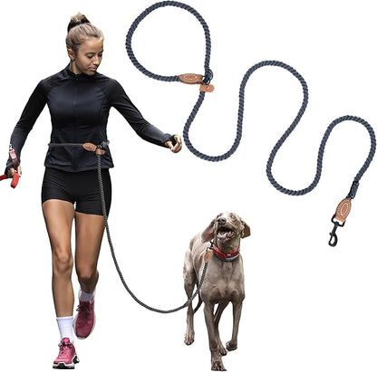 Mile High Life Hands Free Dog Leash, Crossbody Waist Leash with Genuine Leather Connection, Multifunctional Adjustable Slip Lead for Dog Walking Running (Blue Green, 7FT)