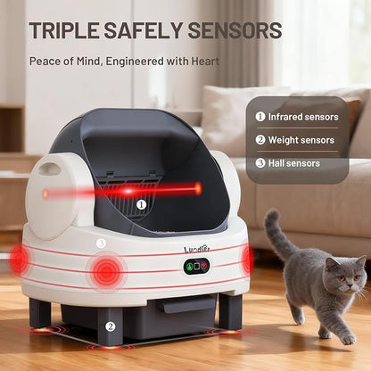Self Cleaning Litter Box, Multiple Smart Safety Sensor, Open Top Automatic Litter Box, Large Capacity Multiple Cats, with APP Control/1 Trash Bag/1 Litter Mat, Cat Litter Box Automatic Cleaning