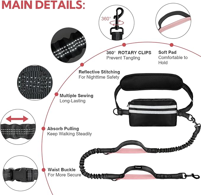 Hands Free Dog Leash, Waist Leash for Dog Walking 2 Dogs with Padded Handles, Dog Walking Accessories, Tangle Free, No Pull
