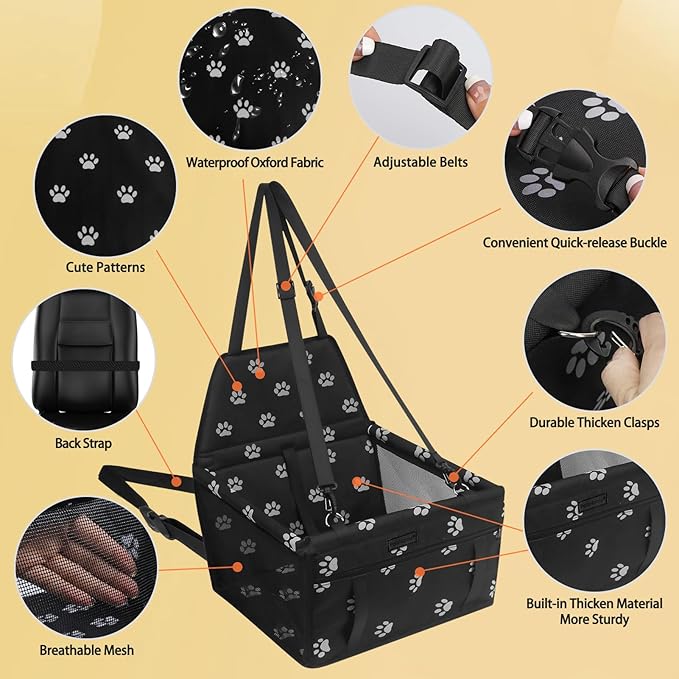 PetsHome Dog Car Seat Foldable Dog Car Booster Seat Waterproof Breathable Oxford Travel Bag for Small to Medium Dogs, Puppies, and Pets-Footprint Black