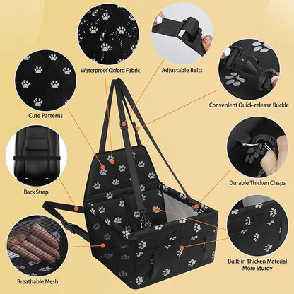 PetsHome Dog Car Seat Foldable Dog Car Booster Seat Waterproof Breathable Oxford Travel Bag for Small to Medium Dogs, Puppies, and Pets-Footprint Black