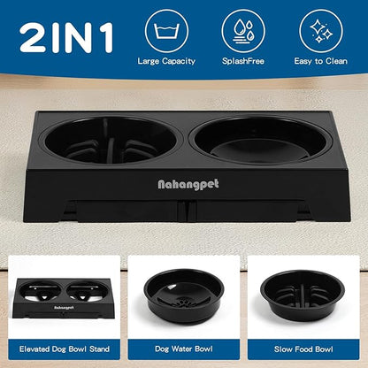 2-in-1 Elevated Slow Feeder Dog Bowls for Food and Water, 5 Heights Adjustable Raised Dog Bowls, Non-Slip, No Spill, for Small Medium Large Dogs and Cats(Black)