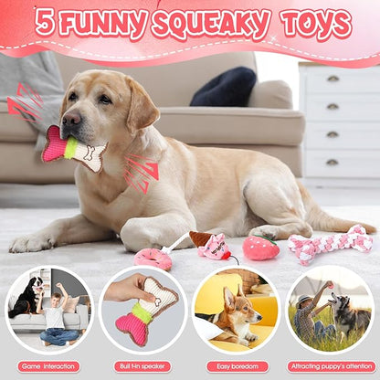 Vinsot 12 Pack Large Dog Chew Toys for Aggressive Chewers Pink Dogs Teething Toys with Dental Rope Squeaky Balls and Chew Bone for Medium Large X-Large Breeds Dogs