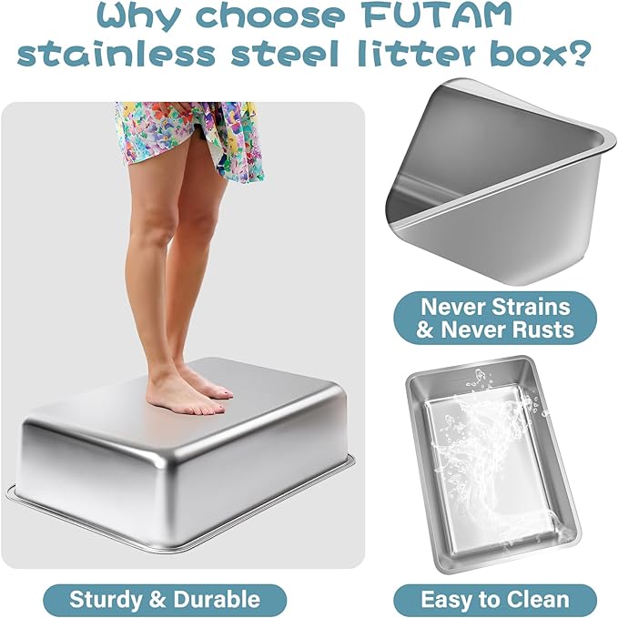 Stainless Steel Litter Box 2 Pack, 23.6“x15.7"x6" Deep Stainless Steel Cat Litter Box Extra Large, XL Metal Litterbox for Big Cats with High Sides, Non Stick Surface, Easy to Clean