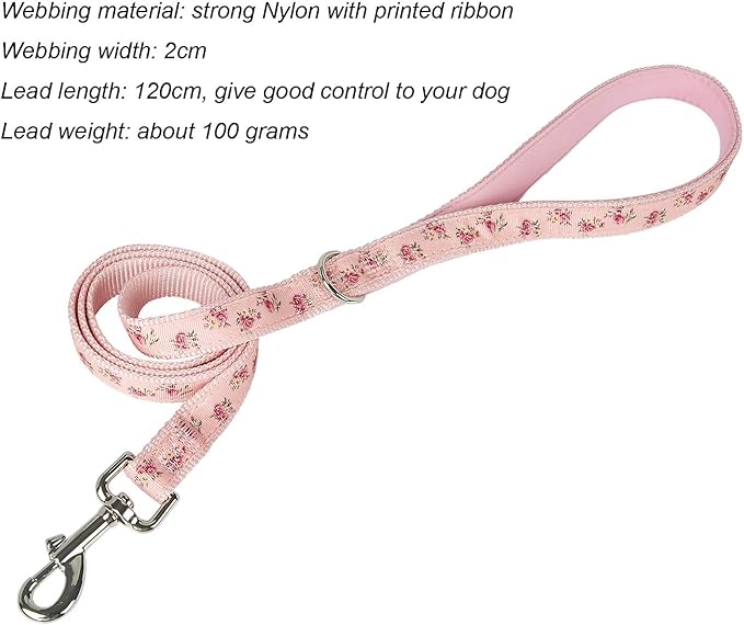 Dog Leash Flower Pattern, 4 Feet Length, Durable Nylon with Ribbon for Small, Medium and Large Dogs.(Medium, Pink Floral Leash)