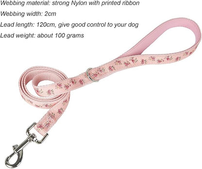 Dog Leash Flower Pattern, 4 Feet Length, Durable Nylon with Ribbon for Small, Medium and Large Dogs.(Medium, Pink Floral Leash)