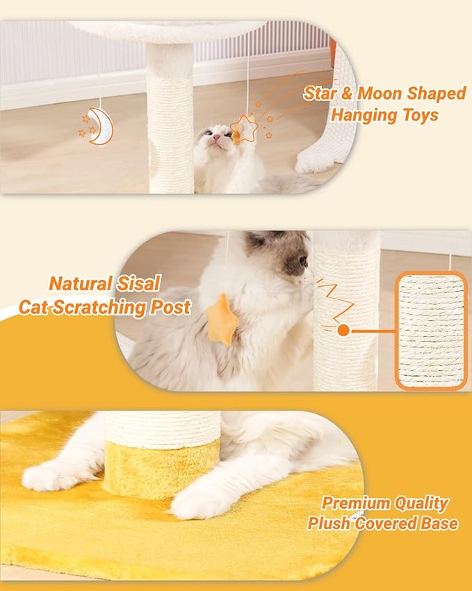 Happi N Pets 28" Tall Cat Scratching Post with Bed, Small Cat Tree for Indoor Cats, Thick Cat Scratch Post with Cloud-Shaped Soft Perch & Cute Toys, Stable Cat Stand, Removeable Cover, Bounus Catnip