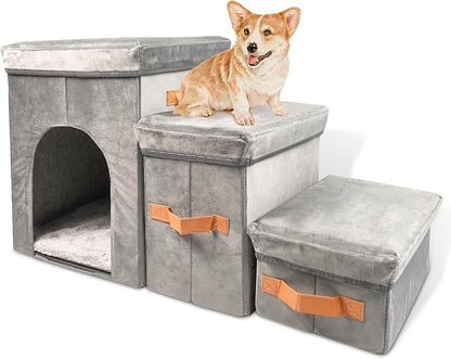 Dayard Dog Stairs with Storage, Foldable Dog Steps for Sofa High Beds, Portable Pet Storage Stepper for Small Pets Dogs Cats, 3 Steps Grey