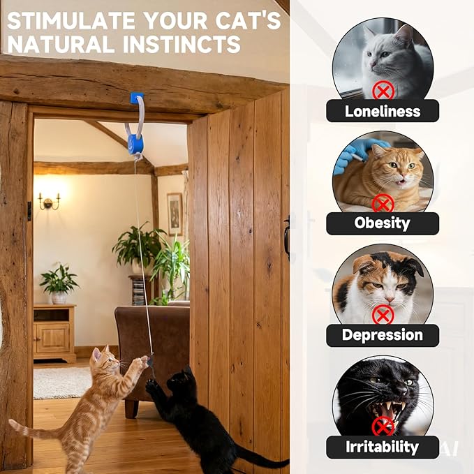 Interactive Cat Toy for Indoor Cats, 360° Auto-Rotating Door Hanging Teaser with Motion Activation, USB-C Rechargeable Quiet Self Play Cat Toy for Bored Indoor Adult Cats and Kittens