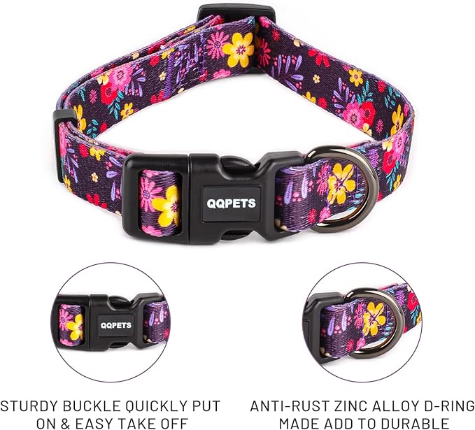 QQPETS Adjustable Soft Dog Collar: Print Flower Pink Multicolor Cute Patterns for XS Small Medium Large Pet Girl Boy Puppy Walking Running Training (L, Elegant Purple)