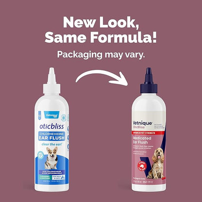 Vetnique Oticbliss Advanced Strength Dog Ear Infection Treatment Flush, Antiseptic Cat & Dog Ear Cleaner Solution Medicated with Chlorhexidine & Ketoconazole Helps with Ear Yeast (12oz Flush)