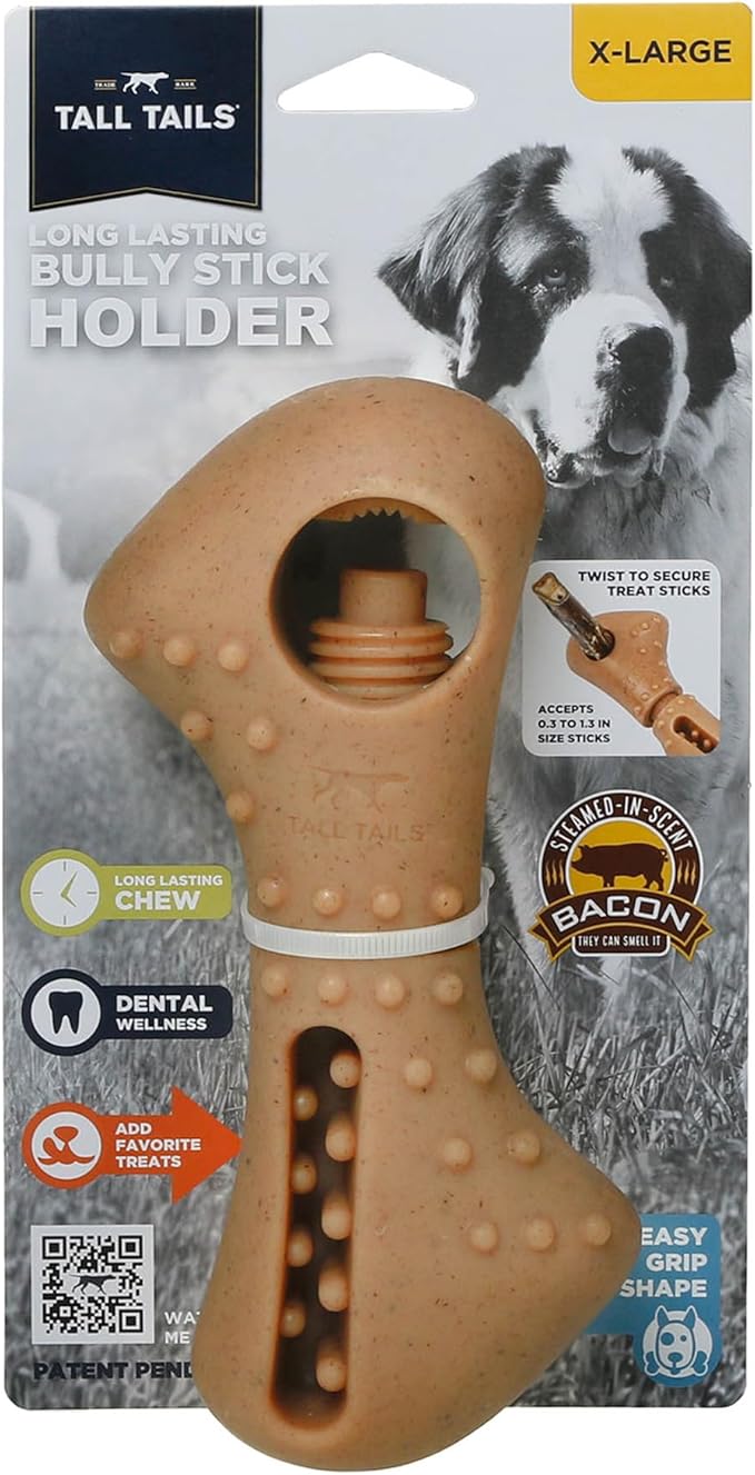 Tall Tails Bully Stick Holder and Chew Toy for Dogs – Bacon-Scented, X-Large, Adjustable Treat Holder for Bully Sticks and Spreadable Treats, Reduces Choking