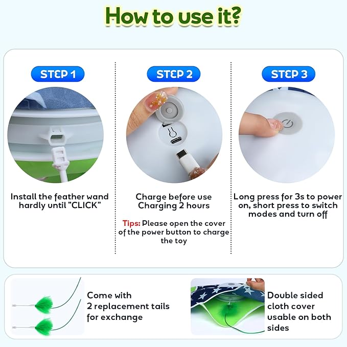 Interactive Cat Toys with Moving Feather Concealed in Mat, Motion Activated, Mouse Squeaky, Rechargeable Cat Exercise Toys for Bored Cats
