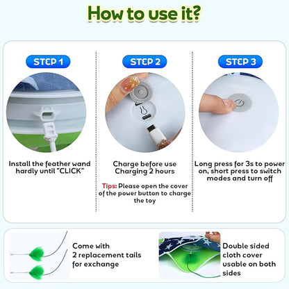 Interactive Cat Toys with Moving Feather Concealed in Mat, Motion Activated, Mouse Squeaky, Rechargeable Cat Exercise Toys for Bored Cats